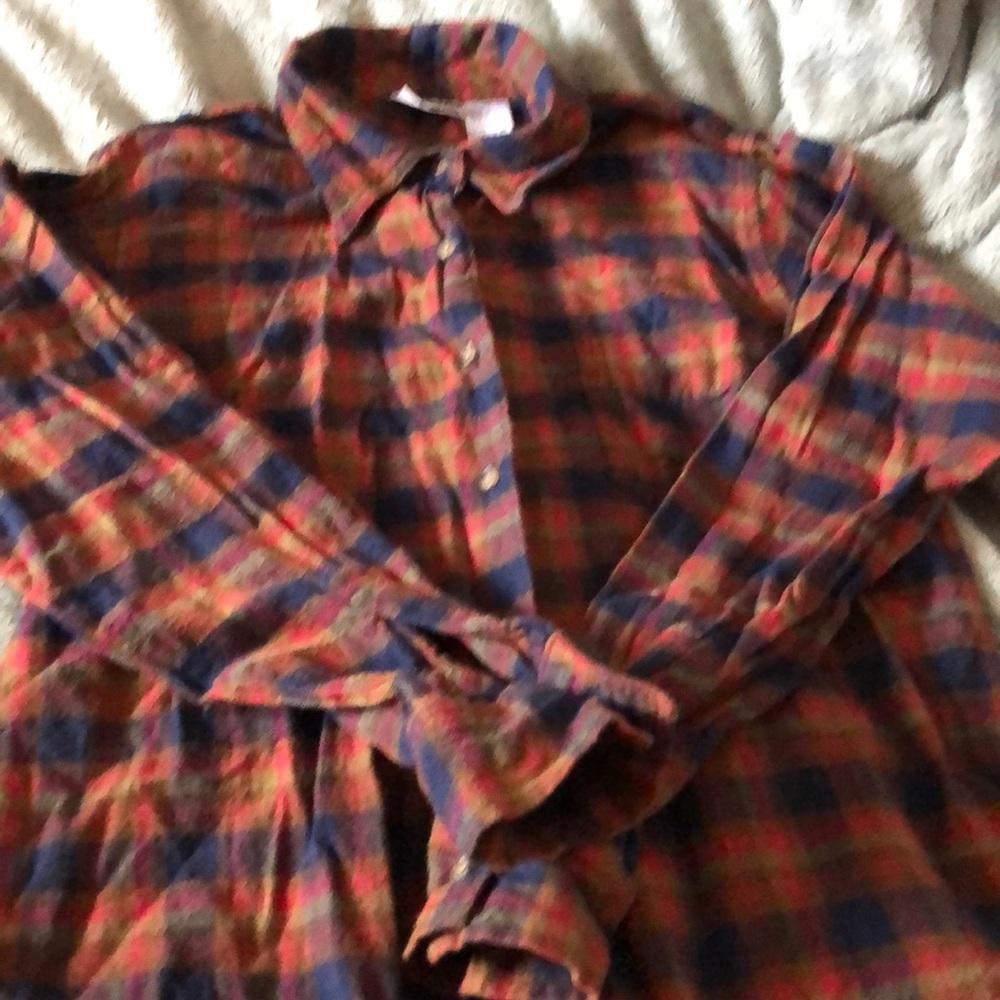 Vintage Plaid flannel shirt buttoned down navy olive and fuchsia